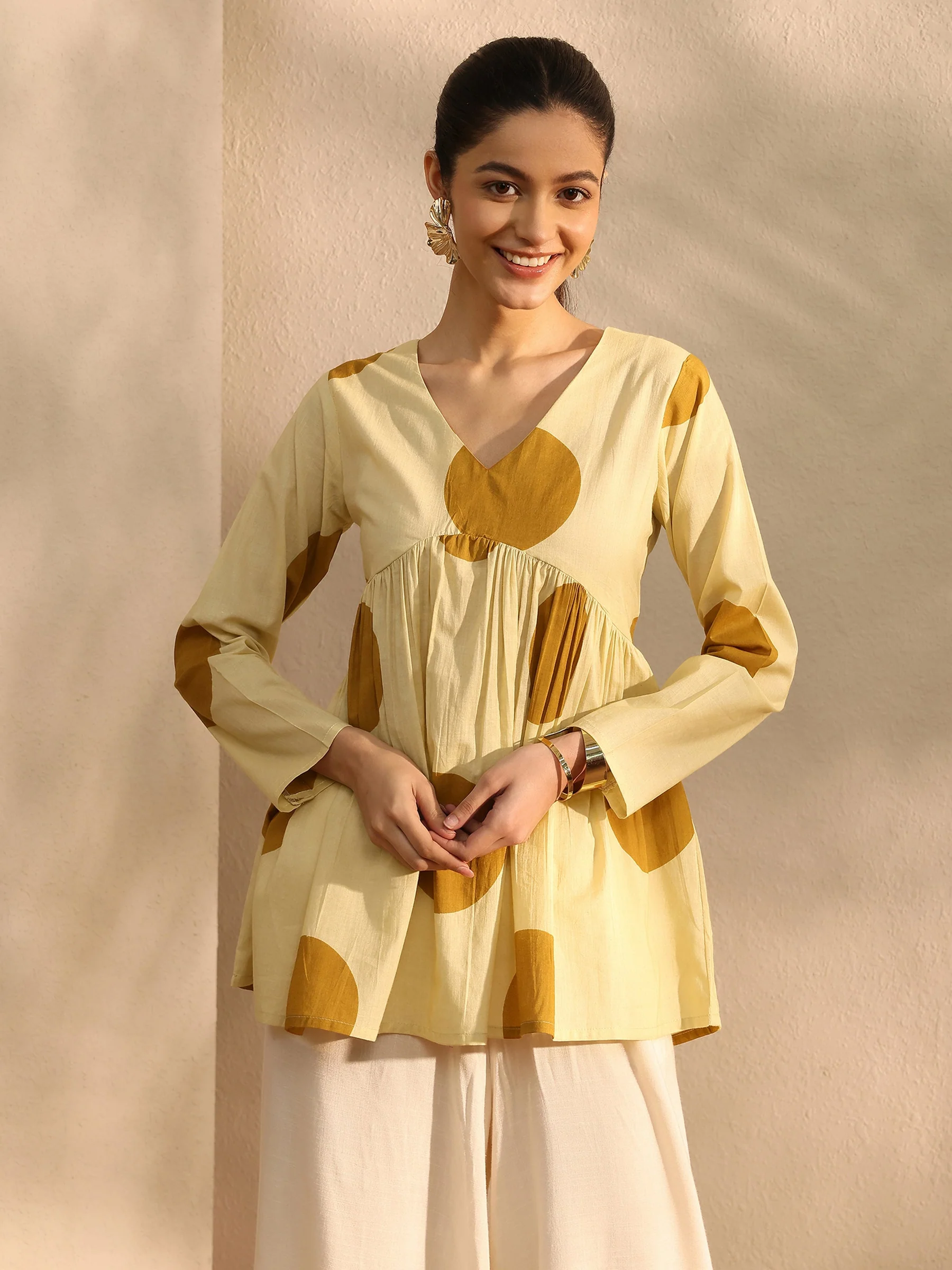 Beige Printed Cotton Blend A-line Short Kurti